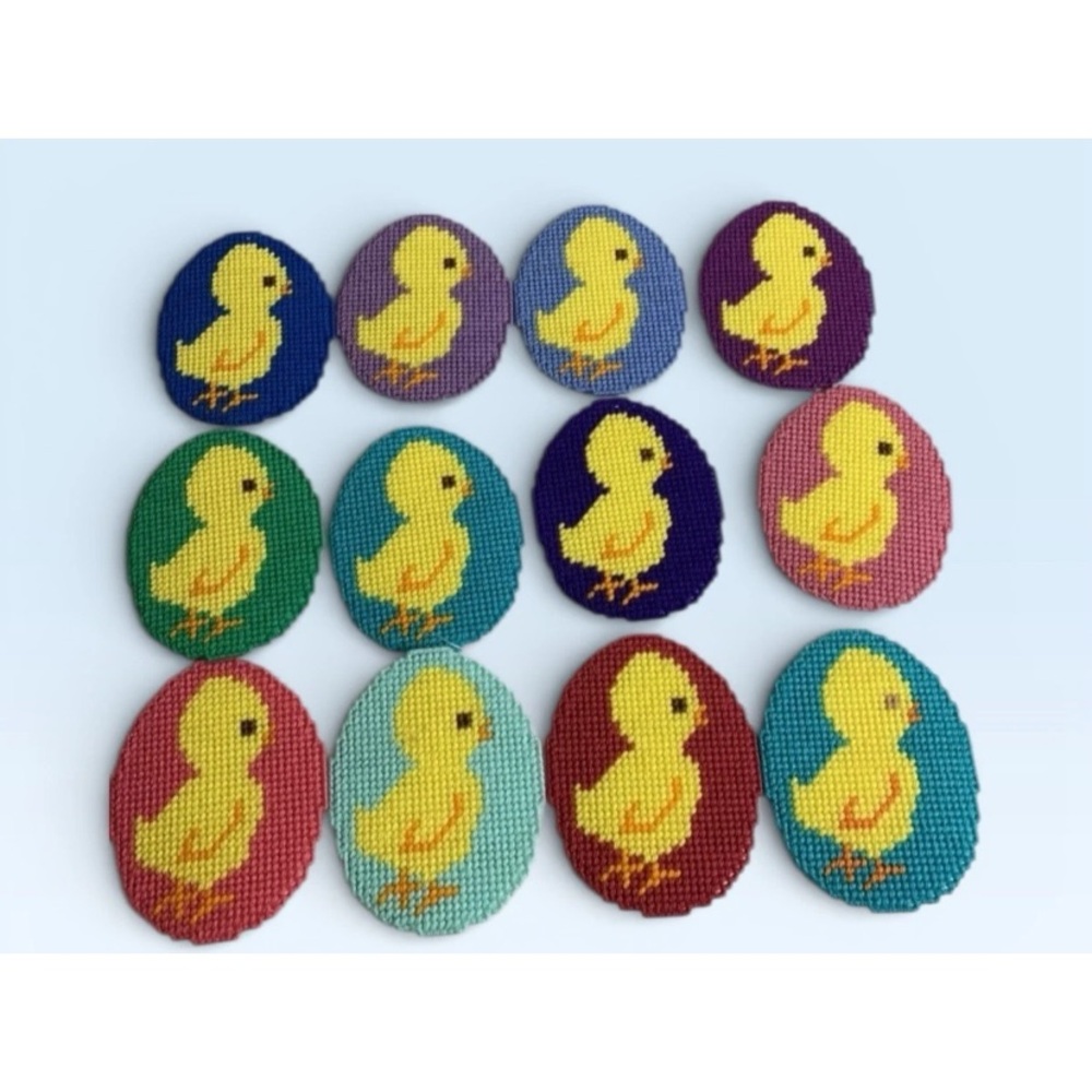 Needlepoint Easter Chicks Egg Shape Hanging COMPLETED On Plastic Canvas